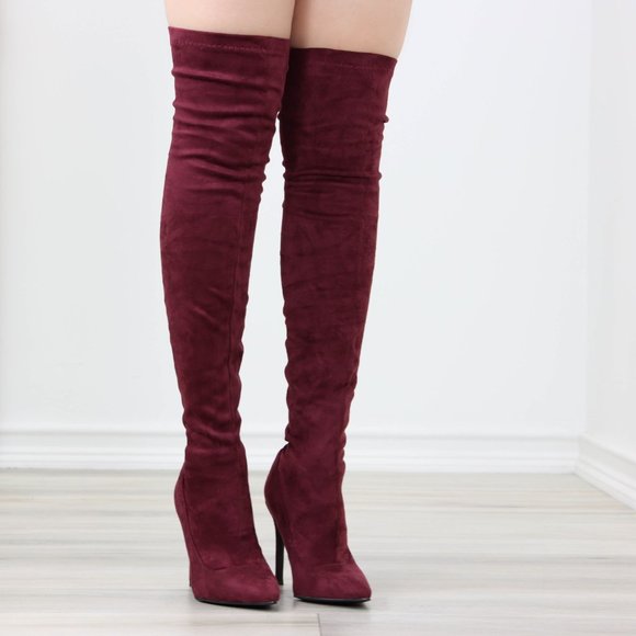 Wine Women's Thigh High Boots Faux Suede Pointed Toe Stilettos - Picture 9 of 15